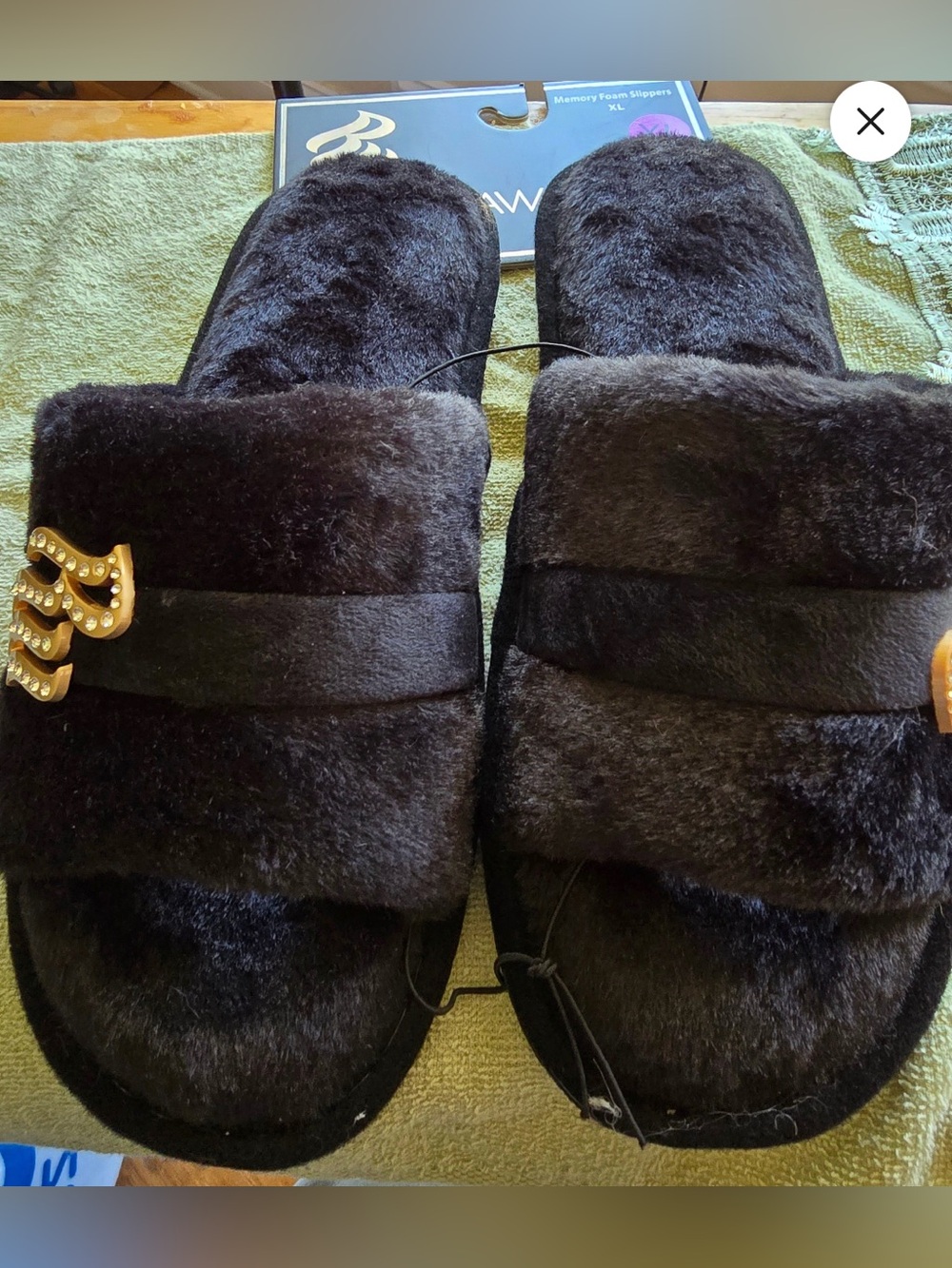 Rocawear Black Plush Slide Slippers with Gold Logo Buckle